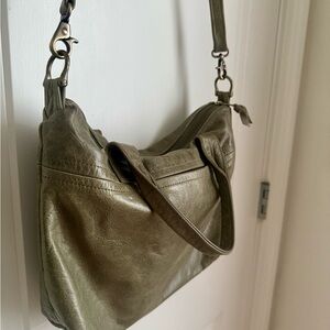 Green Suede Shoulder Bag with Dark Metal Hardware